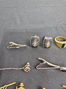 lot 152 image: VTG Silver Sterling Siam Goddess Cuff Links, 15 Tie Clips and 1 Unverified Black Onyx w White Gems Ring Sz 10.5