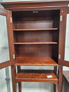 lot 57 image: Wooden Bathroom Free Standing Storage Cabinet Spacesaver & Matching Glass Front Storage Cabinet