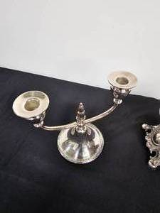 lot 46 image: Pair Vintage International Silverplated Candelabras Camille Pattern & Ornate Silverplated Candle Holder