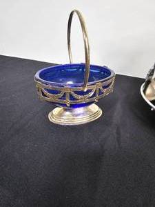 lot 51 image: VTG Smoky Silver Tone Divided Candy Trinket Leaf Dish 1950s, VTG Queens Lusterware 2 Tier Serving Tray Silverplated, VTG CandyNut Bowl Blue Cobalt Glass