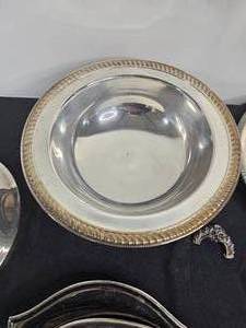 lot 53 image: VTG Silver Plated Crumb Catcher, Silverplated Round Tray w Rope Edging, VTG Wm Rogers Silverplated Serving Bowl wLid as is broken handle on lid, Wm Rogers Serving Plate Scalloped Edges,