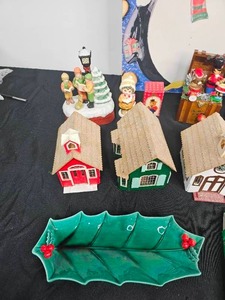 lot 83 image: Lefton Mistletoe Dish, Five Cottage Figurines, Penguin Serving Platter NIB, Christmas Carolers Musical Figurine, Enesco 1983 Little Drummer Action Music Box & More