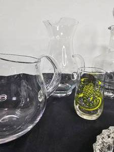 lot 109 image: Glass Pitcher  Mid Century Modern Heavy Flower Cut Clear Glass Ashtray  VTG Etched Glass Decanter, Wine Glass and Vass