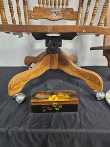 lot 58 image: Wood Caster Rocking Chair 41in Tall, Handmade Wood Wall Clock with Shelf 57in Tall, Recipe Box & Pier 1 Angleterre Mackintosh Dinner Plate