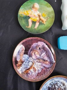 lot 203 image: Various VTG Collector Plates, VTG Kleenex Box Cover, VTG Soft Measuring Tapes, Brass Trinket Tray