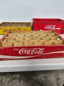 lot 114 image: VTG 1970s Coca Cola 24 Bottle Yellow and Red Wooden Crates, Red Plastic Crate