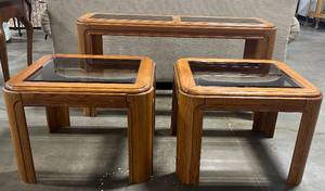 lot 59 image: Oak Glass Top Sofa Table w 2 Matching End Tables