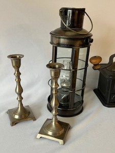 lot 45 image: Decorative Lantern, Coffee Grinder and Pair of Candle Stick Holders