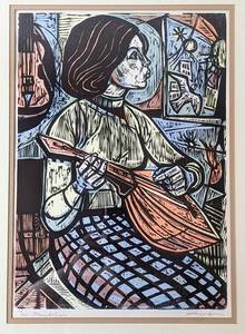 lot 12 image: Framed Mandolin Woodcut Print by Irving Amen