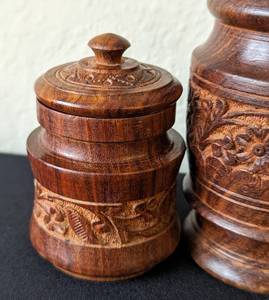 lot 97 image: Pretty Carved Vintage Wood Jars