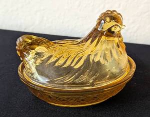 lot 105 image: Three Glass Hen on Nest Covered Dishes