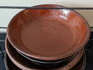 lot 139 image: Three Vintage Stoneware Plates and Metal Rack