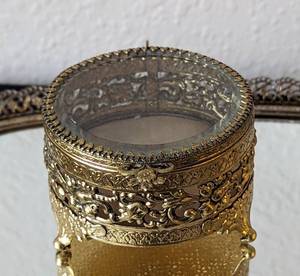 lot 145 image: Beautiful Vintage Gold Vanity Tray with Perfume Bottle and Trinket Box