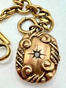 lot 6A image: Vintage 14k Gold and Diamond Locket Watch Fob Chain
