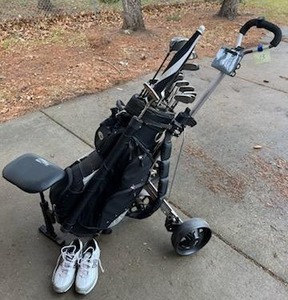 lot 13 image: Golf Clubs, Pull Cart, Bag Boy Seat with Size 9 New Balance Golf Shoes