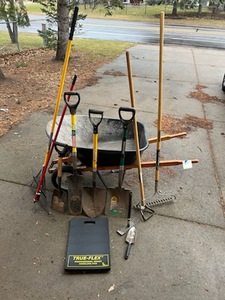 lot 51 image: Gardening Tools Lot with Wheel Barrow