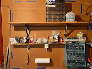 lot 88 image: Garage Wall Contents - Hardware Storage Cabinets, tools, vintage thermometer, more