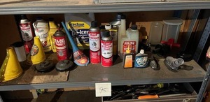 lot 95 image: Metal Shelf Contents - Brake Fluid, Parts Cleaner, Funnels, and More
