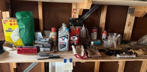 lot 134 image: Garage Shelf Contents  - Oil, Shop Rags, Gloves, and More