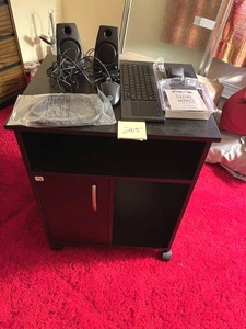 lot 205 image: Rolling Storage Cart with Computer Accessories in good condition (19 D x 23 W x 29 Tall)