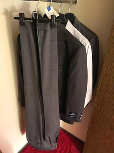 lot 212 image: Nice Stafford Suit, Slacks, Tie & Belt Lot (42 Regular Jackets, 34 x 32 Pants, Size 16 Dress Shirt)