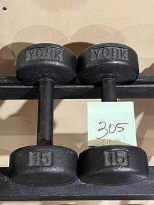 lot 305 image: York Metal 15lbs. Dumbbells (Like New)