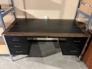 lot 351 image: Industrial Metal Office Desk with Contents (60 W x 30 D x 29.5 T)