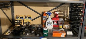 lot 419 image: Shelf Contents - Lawn Care, Clamps and More