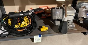 lot 446 image: Bottom Shelf Lot - Wagner Heat Gun, Extension Cords, Vintage 12 HP Bench Grinder