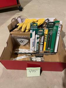 lot 495 image: Nice lot of Drill Bits, Sawzall Blades, Cabelas Gloves (Size Small), and More
