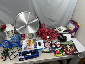 lot 29 image: Hodge Podge Lot, Rope, Office Supplies, Large Aluminum Lid, and More