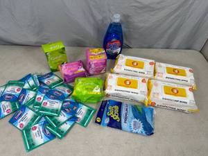 lot 49 image: New Feminine Pads, Clorox Wipes, Plant Disinfectant Wipes, Dish Soap
