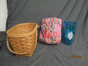 Basket, Vera Bradley bag, and Vase