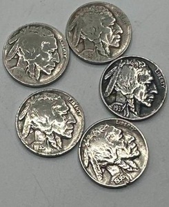 Lot of 5 Different Year Buffalo Nickels