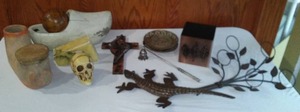 lot 19 image: Home Decor. Cross, Candle Holder, Drum, wood shoe and more.