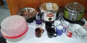 lot 67 image: Kitchen Items. Deep Fryers, Mugs And More. Includes Wood Mug, All Untested.