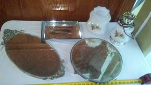 lot 73 image: Vintage Hurricane Lamp Roses Double Light, Mirror And Platter.