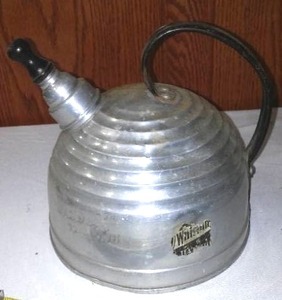 lot 376 image: Tin Whistler Teakettle, Egg Poacher & Ladle.