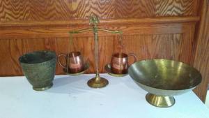 lot 413 image: Brass Scales of Justice, Brass Bowls and Solid Copper Mugs.