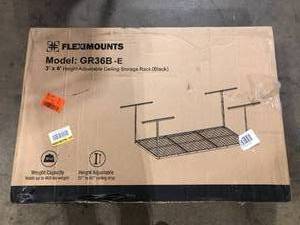 FLEXIMOUNTS Adjustable Height Overhead Ceiling Mount Garage Rack in Black (72 in. W x 36 in. D)   Customer Returns See Pictures