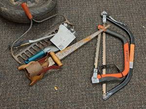 lot 50 image: Lot of  Assorted GardenPruning Hand Tools - Husky Tree Saw, Tree Saw, Hand Saw, Bulb Planter, Small Hand Shovel, Steel Rake Head