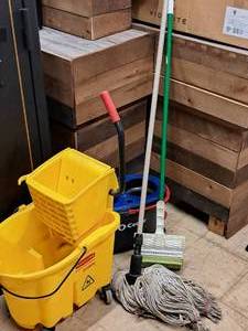 lot 73 image: Rubbermaid Commercial Mop Bucket with Wringer, O-Cedar Mop Bucket, Mop, Sponge Mop
