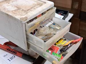 lot 199 image: Parts Organizer Cabinet with Assorted Automotive Parts and Accessories - Valve Caps, Terminal Protectors, Drain Plugs, Clamps, Fuses,