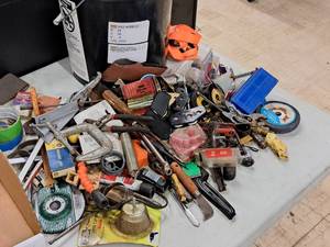 lot 241 image: Lot of (1 Bucket) Assorted Hand Tools, Parts and Accessories - C-Clamps, Grinding Wheels, Springs, Screwdrivers, Straps, Painter Tape, Fuses, and much more