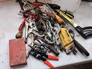 lot 246 image: Lot of (1 Bucket) Assorted Saws, Punches, Pliers, Cutters, Screwdrivers