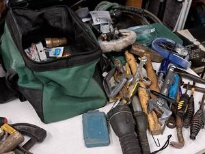 lot 259 image: Tool Bag with Assorted Hand Tools - Crescent Wrench, Chisel Points, Flashlights, Clamps, Wrenches, Hammers