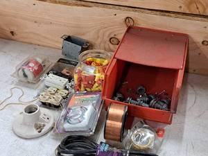 lot 421 image: Lot of  Misc. Electrical Parts - 143 6 Power Supply, Timers, Copper and Brass Wire, Plugs, Caps, Outlets