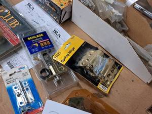 lot 451 image: Lot of (1 Box) Misc. Hardwares - Door Stops, Hinge, Bolt Lock, Dead Latch