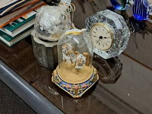 lot 504 image: Home Decor - Table Clock, Carousel Horse with Glass Cover, Decorative Ball, Dish