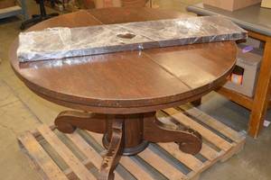lot 5 image: Vintage Prohibition Era Round Dining Table with Hidden Storage Compartment